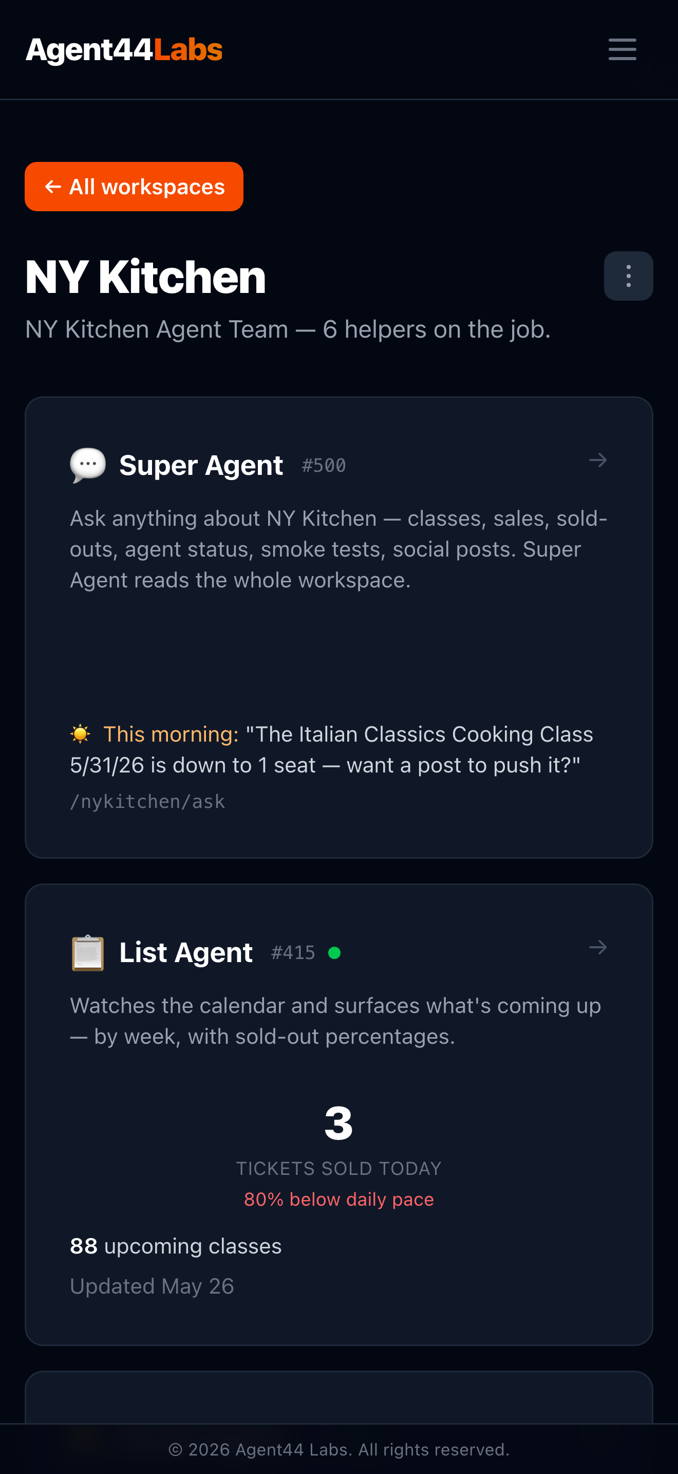A workspace on iPhone with five active Agent44 Labs agents